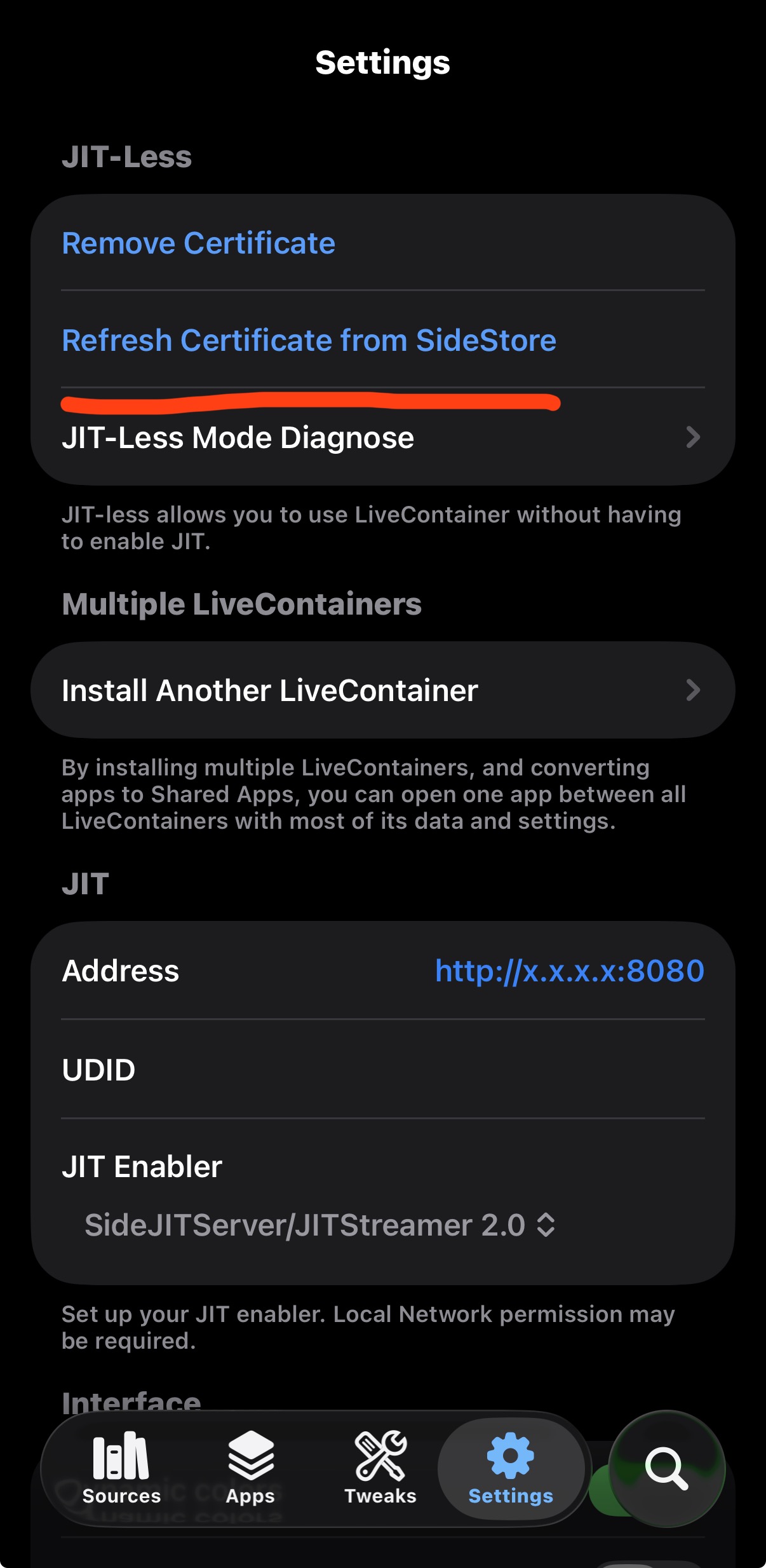 SideStore certificate account screen