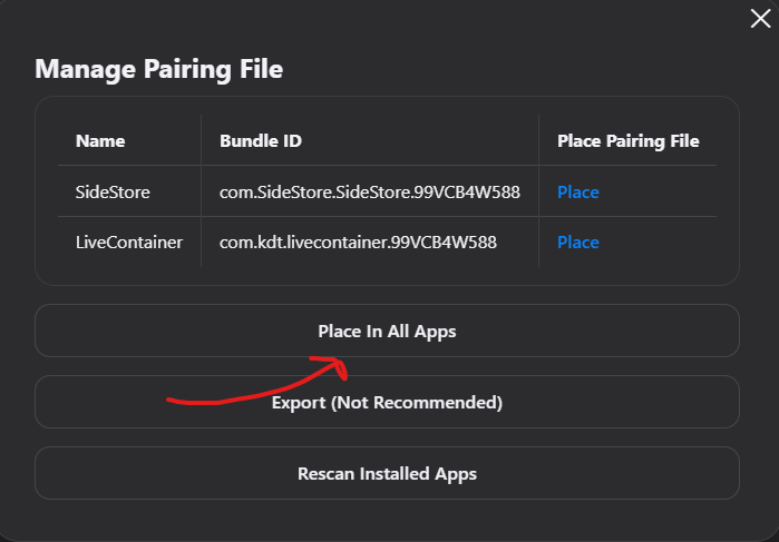 Place pairing file in all apps button